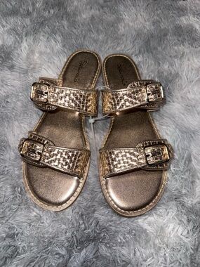 Macys Metallic Gold Slide Sandals with Buckle Straps